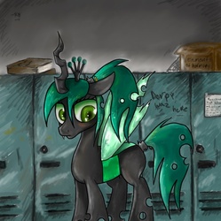 Size: 566x569 | Tagged: safe, artist:infinitussketch, queen chrysalis, changeling, changeling queen, nymph, g4, blushing, cute, cutealis, female, filly, filly queen chrysalis, foal, green changeling, implied derpy, locker room, lockers, looking at you, pencil, school, solo, teenager, text, younger