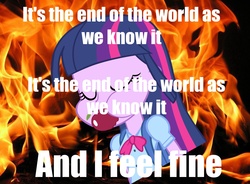 Size: 1600x1180 | Tagged: safe, twilight sparkle, equestria girls, g4, my little pony equestria girls, apple, female, fire, it's the end of the world as we know it, lyrics, mouth hold, r.e.m., solo, song reference