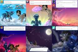 Size: 2244x1499 | Tagged: safe, artist:jitterbugjive, doctor whooves, star hunter, time turner, pegasus, pony, ask discorded whooves, g4, bowtie, cloud, cloudy, comic, crossover, discord whooves, doctor who, gay, jack harkness, male, moon, night, scenery, shipping, shooting star, sky, stallion, stardoc, stars, sunset, the doctor, thought bubble, torchwood, tumblr