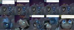 Size: 3728x1504 | Tagged: safe, artist:jitterbugjive, doctor whooves, star hunter, time turner, pegasus, pony, ask discorded whooves, g4, bowtie, cloud, cloudy, comic, crying, discord whooves, doctor who, gay, jack harkness, kissing, male, sad, shipping, stallion, stardoc, the doctor, torchwood, tumblr, wish