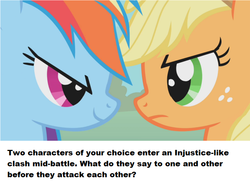 Size: 686x532 | Tagged: safe, applejack, rainbow dash, g4, adventure in the comments, bronybait, clash, fight, injustice, injustice gods among us, question, text