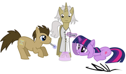 Size: 900x528 | Tagged: safe, artist:sintakhra, doctor whooves, time turner, twilight sparkle, earth pony, pony, unicorn, g4, back to the future, crossover, doc brown, doctor who, ponified, simple background, sonic screwdriver, test tube, the doctor