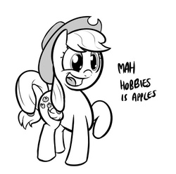 Size: 480x477 | Tagged: safe, artist:shoutingisfun, applejack, g4, apple, lineart, monochrome, that pony sure does love apples