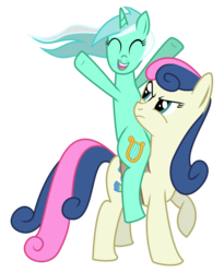 Size: 2100x2564 | Tagged: safe, artist:sintakhra, bon bon, lyra heartstrings, sweetie drops, earth pony, pony, unicorn, g4, bon bon is not amused, duo, duo female, female, lyra riding bon bon, mare, ponies riding ponies, riding, saddle, simple background, smiling, transparent background, unamused