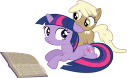 Size: 2436x1508 | Tagged: safe, artist:sintakhra, mjölna, twilight sparkle, earth pony, pony, unicorn, g4, book, ear bite, filly, filly twilight sparkle, floppy ears, nom, unicorn twilight, younger