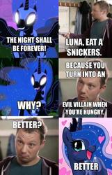 Size: 482x750 | Tagged: safe, artist:johnjoseco, edit, edited screencap, screencap, nightmare moon, princess luna, alicorn, human, pony, g4, comic, female, glowing eyes, grin, happy, heart, image macro, irl, irl human, mare, open mouth, photo, pretty princess, rearing, sharp teeth, smiling, snickers, spread wings, teeth, text, transformation, wat, wings, you're not you when you're hungry