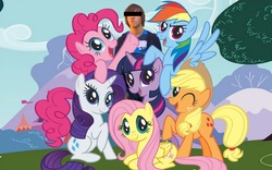 Size: 1600x1000 | Tagged: safe, edit, applejack, fluttershy, pinkie pie, rainbow dash, rarity, twilight sparkle, human, g4, brony, censor bar, censored, group shot, mane six, mane six opening poses, out of context