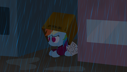 Size: 1280x720 | Tagged: safe, artist:dtcx97, rainbow dash, pegasus, pony, g4, building, cardboard box, female, lying down, newspaper, prone, rain, sad, soaked, solo, theponyvillediaries