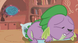 Size: 500x277 | Tagged: safe, screencap, spike, dragon, g4, the return of harmony, animated, bed, burp, dragon mail, dragonfire, fire, fire breath, fire burp, green fire, male, puffy cheeks, solo, tongue out