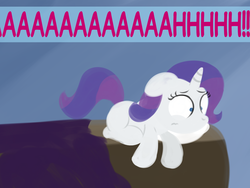 Size: 1280x960 | Tagged: safe, artist:dtcx97, rarity, pony, unicorn, g4, bed, blank flank, female, filly, filly rarity, offscreen character, screaming, solo, theponyvillediaries, younger