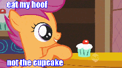 Size: 854x480 | Tagged: safe, edit, edited screencap, screencap, apple bloom, scootaloo, pegasus, pony, call of the cutie, g4, animated, caption, cupcake, female, filly, foal, hoof in mouth, hoofbloom, image macro, text