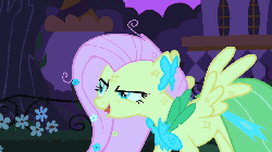 Size: 854x480 | Tagged: safe, screencap, fluttershy, pegasus, pony, g4, season 1, the best night ever, animated, clothes, dress, evil, evil laugh, female, gala dress, insanity, laughing, lightning, mare, solo