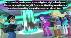 Size: 625x339 | Tagged: safe, edit, edited screencap, screencap, applejack, rainbow dash, rarity, snails, snips, spike, sunset shimmer, twilight sparkle, dog, equestria girls, g4, my little pony equestria girls, equestria girls drama, image macro, impact font, sarcasm, spike the dog