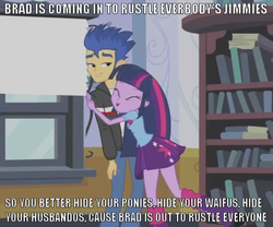 Size: 625x521 | Tagged: safe, edit, edited screencap, screencap, flash sentry, twilight sparkle, equestria girls, g4, my little pony equestria girls, antoine dodson, bed intruder, brad, hug, image macro, jimmies, luna's office, song reference