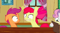 Size: 854x480 | Tagged: safe, screencap, apple bloom, scootaloo, sweetie belle, g4, hearts and hooves day (episode), animated, book, clubhouse, crusaders clubhouse, cutie mark crusaders, female, flailing, floppy ears, hearts and hooves day, loop, reading, wacky waving inflatable tube pony