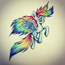 Size: 612x612 | Tagged: safe, artist:fourteenarrows, rainbow dash, g4, alternate hairstyle, full body, side view, solo, spread wings, traditional art, wings