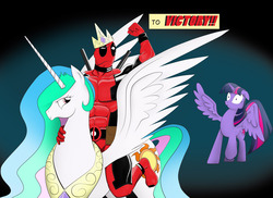 Size: 3563x2588 | Tagged: safe, artist:protoryes, princess celestia, twilight sparkle, alicorn, pony, g4, crossover, deadpool, female, mare, riding, twilight sparkle (alicorn)