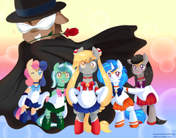 Size: 900x707 | Tagged: safe, artist:pekou, bon bon, derpy hooves, dj pon-3, doctor whooves, lyra heartstrings, octavia melody, sweetie drops, time turner, vinyl scratch, earth pony, pegasus, pony, unicorn, g4, background six, bipedal, clothes, floppy ears, grin, mouth hold, parody, rose, sailor moon (series), smiling, tuxedo mask