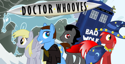 Size: 998x516 | Tagged: safe, derpy hooves, doctor whooves, king sombra, star swirl the bearded, time turner, oc, pegasus, pony, windigo, g4, bad wolf, doctor who, female, jumper, mare, ninth doctor, peacoat, tardis, the doctor, time travel