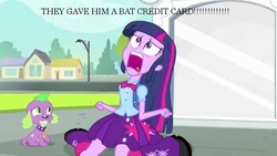 Size: 795x449 | Tagged: safe, edit, edited screencap, screencap, spike, twilight sparkle, dog, equestria girls, g4, my little pony equestria girls, bat credit card, batman and robin, duo, nostalgia critic, open mouth, spike the dog, twiscream, uvula