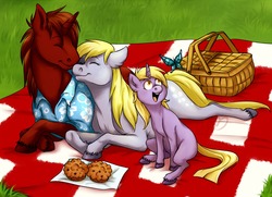 Size: 1280x928 | Tagged: dead source, safe, artist:cartoonlion, derpy hooves, dinky hooves, oc, oc:rum chaser, butterfly, pony, unicorn, g4, basket, canon x oc, clothes, female, hooves, male, muffin, nuzzling, picnic, picnic basket, picnic blanket, shipping, shirt, straight, unshorn fetlocks