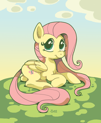 Size: 897x1092 | Tagged: safe, artist:iveechan, fluttershy, pegasus, pony, g4, cloud, female, looking up, mare, prone, signature, smiling, solo