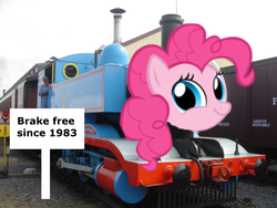 Size: 2048x1536 | Tagged: safe, pinkie pie, train pony, g4, locomotive, meme, thomas the tank engine, train, twiface