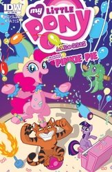 Size: 477x733 | Tagged: safe, artist:yamino, idw, gummy, pinkie pie, twilight sparkle, alligator, big cat, earth pony, pony, tiger, unicorn, g4, micro-series #5, my little pony micro-series, official, balloon, cannon, circus, clown, confetti, cover, female, juggling, musical instrument, party cannon, piano, unicorn twilight