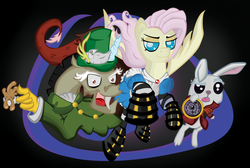 Size: 2474x1658 | Tagged: safe, artist:inky-draws, angel bunny, discord, fluttershy, g4, abstract background, alice in wonderland, boots, clothes, cup, discorded, dress, food, mad hatter, pocket watch, shoes, tea, teacup, white rabbit