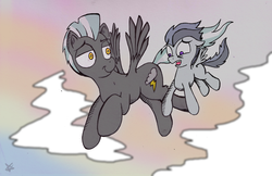 Size: 2381x1543 | Tagged: safe, artist:inky-draws, rumble, thunderlane, pegasus, pony, g4, acrophobia, brothers, colt, digital art, duo, flying, foal, male, scared, siblings, stallion, traditional art