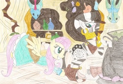 Size: 1024x699 | Tagged: safe, artist:wjmmovieman, fluttershy, zecora, pegasus, pony, zebra, assisted exposure, clothes, embarrassed, embarrassed underwear exposure, female, frilly underwear, humiliation, mare, panties, pantsing, prank, skull, skull print underwear, traditional art, underwear, undressing, we don't normally wear clothes