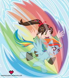 Size: 1986x2229 | Tagged: safe, artist:ladypixelheart, rainbow dash, g4, crossover, riding, sugar rush, vanellope von schweetz, wreck-it ralph