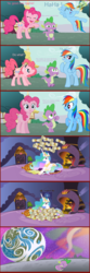 Size: 1024x3072 | Tagged: safe, artist:rrjaym, pinkie pie, princess celestia, rainbow dash, spike, g4, bad end, comic, crying, noodle incident, spikeabuse, to the moon