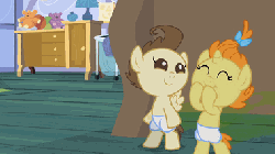 Size: 380x214 | Tagged: safe, screencap, pinkie pie, pound cake, pumpkin cake, earth pony, pegasus, pony, unicorn, baby cakes, g4, animated, baby, baby pony, babysitting, ball of violence, bipedal, brother and sister, cake twins, changing table, colt, diaper, diaper on head, female, filly, foal, male, mare, non-baby in diaper, running, siblings, smelly, twins