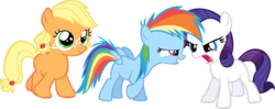 Size: 802x318 | Tagged: safe, artist:schwarzekatze4, applejack, rainbow dash, rarity, earth pony, pegasus, pony, unicorn, g4, alternate universe, angry, cute, cutie mark crusaders, female, filly, filly applejack, filly rainbow dash, filly rarity, harmony-verse, rarity is not amused, role reversal, simple background, transparent background, unamused, vector, younger