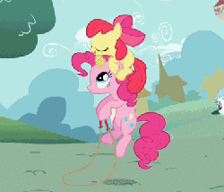 Size: 380x326 | Tagged: safe, screencap, apple bloom, cotton cloudy, pinkie pie, earth pony, pony, a friend in deed, g4, :i, adorabloom, animated, apple bloom riding pinkie pie, bipedal, c:, close-up, cropped, cute, eyes closed, female, filly, gif, happy, hopping, jump rope, mare, ponies riding ponies, pony hat, riding, smiling, talking