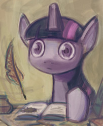 Size: 648x800 | Tagged: safe, artist:yamadajiro225, twilight sparkle, g4, book, digital art, quill, thousand yard stare