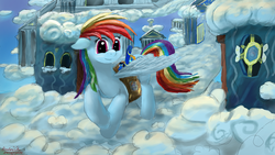 Size: 1600x900 | Tagged: safe, artist:anttosik, rainbow dash, soarin', spitfire, g4, cloudsdale, wonderbolts