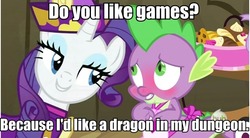 Size: 635x351 | Tagged: safe, edit, edited screencap, screencap, rarity, spike, dragon, pony, unicorn, dragon quest, g4, my little pony: friendship is magic, apron, blushing, caption, clothes, dungeons and dragons, female, hub logo, image macro, male, mare, meme, rarity's bad pickup lines, ship:sparity, shipping, straight