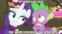 Size: 631x351 | Tagged: safe, edit, edited screencap, screencap, rarity, spike, dragon, pony, unicorn, dragon quest, g4, apron, bedroom eyes, blushing, caption, clothes, female, hub logo, image macro, male, mare, meme, naked apron, rarity's bad pickup lines, ship:sparity, shipping, straight