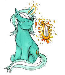 Size: 569x660 | Tagged: safe, artist:dreamingnoctis, lyra heartstrings, pony, unicorn, g4, eyes closed, female, lyre, magic, simple background, sitting, smiling, solo, telekinesis, white background