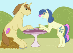 Size: 1400x1024 | Tagged: safe, artist:sharkapalooza, bon bon, donut joe, sweetie drops, earth pony, pony, unicorn, g4, bipedal, bipedal leaning, female, hay, leaning, looking at each other, male, mare, ship:bonjoe, shipping, sitting, smiling, stallion, straight, table