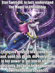 Size: 706x927 | Tagged: safe, princess celestia, star swirl the bearded, g4, bitchlestia, friendzone, headcanon, insane fan theory, meta, text