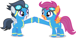 Size: 8000x4022 | Tagged: safe, artist:daringdashie, rumble, scootaloo, g4, absurd resolution, cute, female, goggles, happy, hilarious in hindsight, hoofbump, male, ship:rumbloo, shipping, simple background, straight, transparent background, vector, wonderbolts, wonderbolts uniform