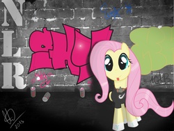 Size: 2000x1500 | Tagged: safe, artist:quattropony, fluttershy, g4, clothes, graffiti, new lunar republic, night, wall