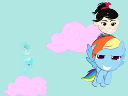 Size: 2000x1500 | Tagged: safe, artist:r-c-h, rainbow dash, g4, crossover, riding, sugar rush, vanellope von schweetz, wreck-it ralph