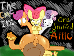 Size: 1024x768 | Tagged: dead source, safe, apple bloom, applejack, scootaloo, sweetie belle, g4, belly, cutie mark crusaders, stuffing, title card