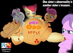 Size: 1041x768 | Tagged: artist needed, dead source, safe, apple bloom, applejack, diamond tiara, scootaloo, sweetie belle, g4, belly, big belly, bloated, cutie mark crusaders, food baby, impossibly large belly, outie belly button, stuffed, stuffing, title card