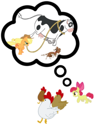 Size: 3881x5103 | Tagged: safe, artist:purplefairy456, apple bloom, applejack, winona, chicken, cow, dog, earth pony, pony, g4, absurd resolution, female, filly, foal, mare, simple background, transparent background, udder, vector