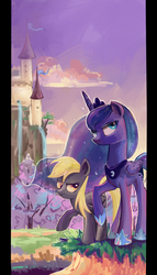 Size: 4000x7000 | Tagged: safe, artist:fly-gray, derpy hooves, princess luna, pegasus, pony, g4, absurd resolution, castle, female, mare